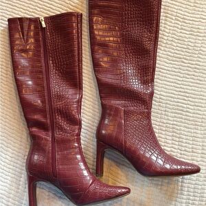 Elegant Burgundy Croc-Embossed Knee-High Boots (Target)